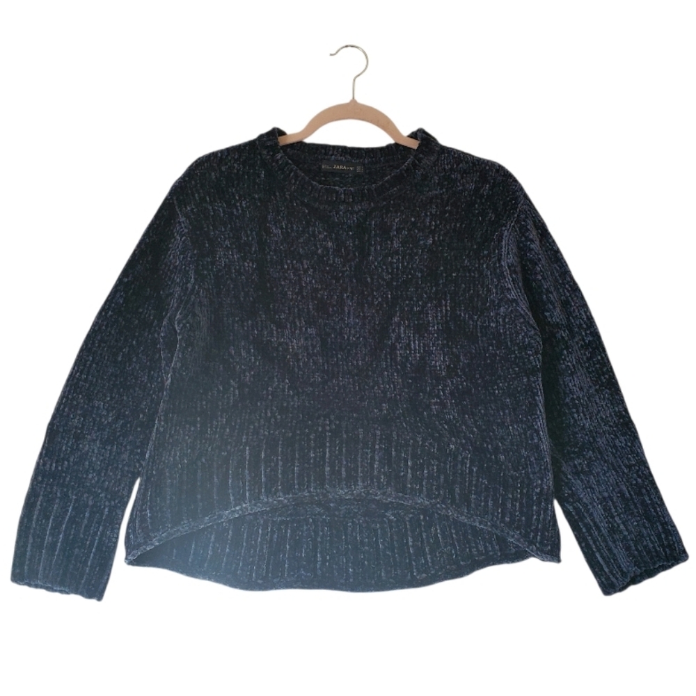 Zara Navy‎ Plush Soft Cropped Velveteen Warm Knit Sweater Size Small